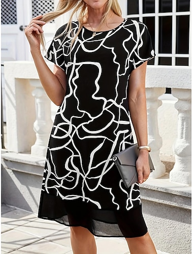  vestito midi da donna con scollo a giro in pizzo floreale e maniche in pizzo, manica corta, estivo