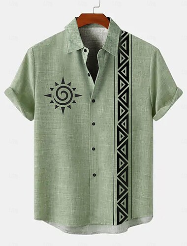  Herren Leinenhemd Knopfhemd Retro-Shirts Vintage-Shirt Ethno-Hemd Urlaub Alltagskleidung Gelb Grün Kaki Beige Kurzarm Hemden mit Kragen Sommer Frühling Bekleidung