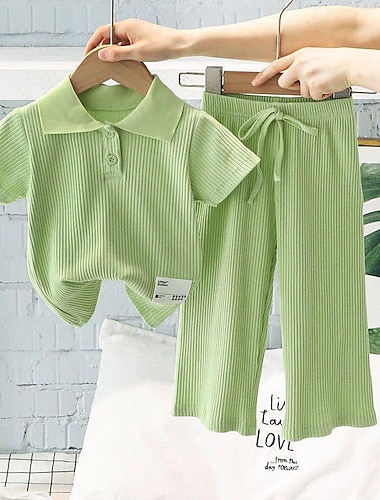  2-delig Kinderen Voor meisjes Effen Kleur Broek pak reeks Korte mouw Modieus Buiten 3-7 jaar Zomer Blozend Roze Groen Grijs
