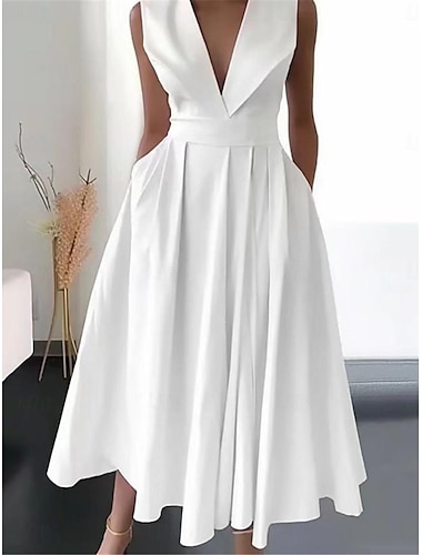  בגדי ריקוד נשים שמלה לבנה שמלת מידי כיס חופשה אלגנטית סגנון רחוב צווארון V ללא שרוולים לבן צבע