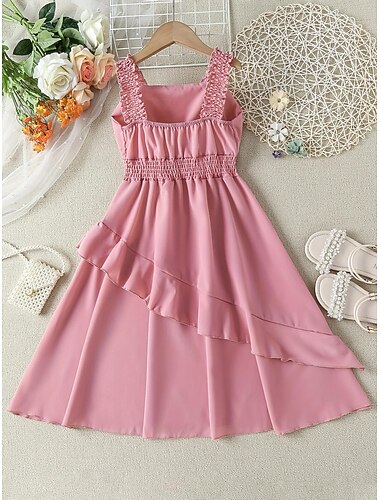  女の子用シャーリングウエストフリルトリムキャミドレス、パーティー、ビーチ、休暇、子供用夏服