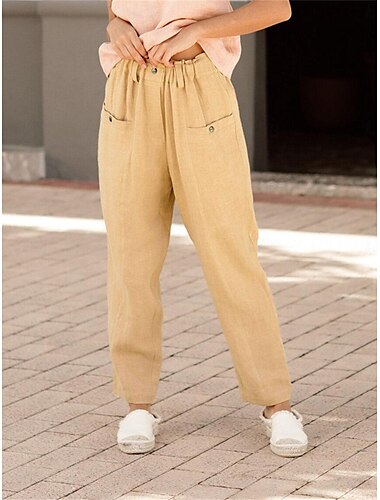  Damen Breites Bein Hosen Hose Leinen Baumwoll Mischung Tasche Hoher Schnitt Glatt Hoher Taillenbund Lang Schwarz Sommer