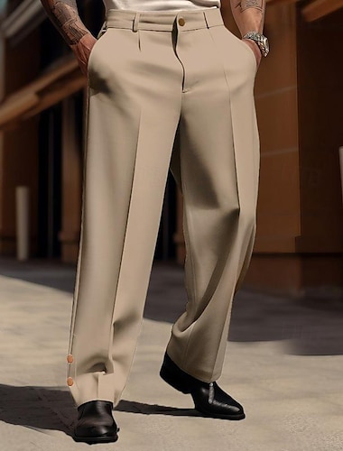  男性用 スーツ ズボン カジュアルパンツ スーツパンツ ボタン フロントポケット まっすぐな足 平織り 履き心地よい ビジネス 日常 祝日 ファッション シック・モダン ブラック カーキ色