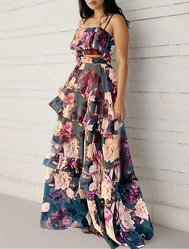  a-lijn jurken voor bruiloftsgasten bloemenjurk vakantie zomer vloerlengte mouwloos vierkante hals polyester met print 2024