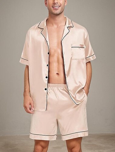  Hombre Pijama Conjunto pijama Top de pijama y pantalones cortos 1 juego Plano Moda Elegante Clásico Hogar Diario Cama Poliéster Comodidad Transpirable Suave Diseño Manga Corta Camisa Bermudas Botón
