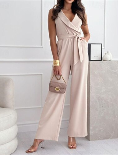  Damen Normal Jumpsuit Elegant Feste Farbe Ärmellos Gerade V Ausschnitt Tasche Täglich Regular Fit Schwarz Weiß Fuchsie Sommer
