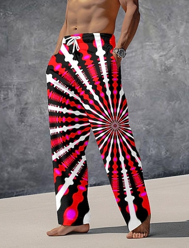  Herre Grafisk Uformelle bukser Medium Midje Ferie Rett ben Sommer Vår 3D-utskrift Gul Rød Blå