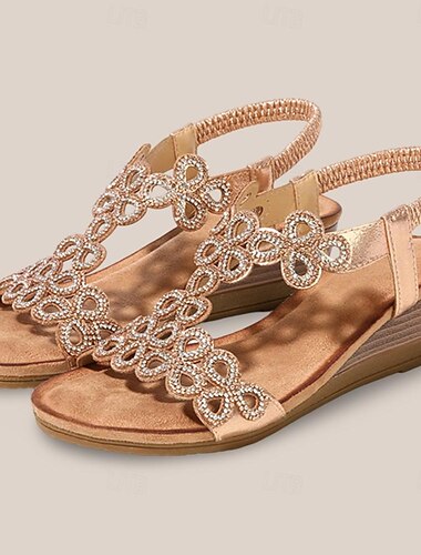  Damen-Keilsandalen mit T-Riemen und Strasssteinen im Boho-Stil – sommerliches Blumendesign mit elastischem Knöchelriemen für den Strand und die Freizeit