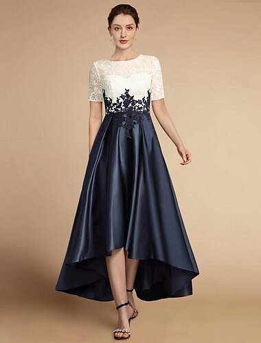  a-linje brudemor kjole elegant høy lav te lengde sateng blonder kortermet med applikasjoner fargeblokk 2024