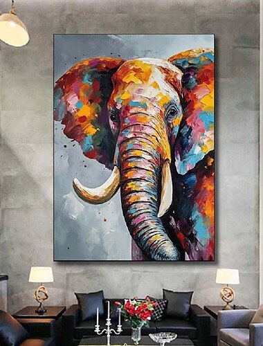  キャンバスに描かれた抽象的なカラフルな象の油絵、カップルのアクリル動物象の絵画、モダンなカラフルなテクスチャナイフ動物の絵画、リビングルーム、寝室のホームデコレーション用アート、壁アート絵画