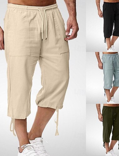  Homme Short en lin Short d'été Short de plage Pantalons Capri Cordon Taille elastique Poche avant Couleur unie du quotidien Sortie mode Classique Noir Bleu