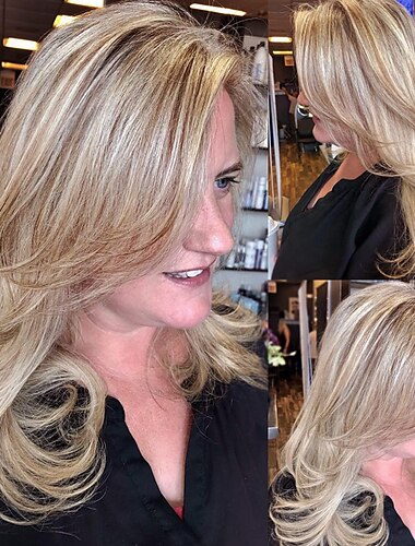  Lange gestufte Perücke, blonde gestufte Perücken, 16 Zoll, natürlich gewelltes Haar, Perücke für Damen, für den täglichen Gebrauch bei Partys, modische Haarersatzperücken, synthetisch (16 Zoll,