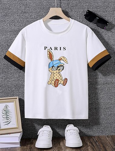  kinderkleidung Jungen T-Shirt Tee Tier Hase Kaninchen Kurzarm Kinder oben Schulanfang 3D-Druck Neutral Täglich Sommer Weiß 8 bis 13 Jahre