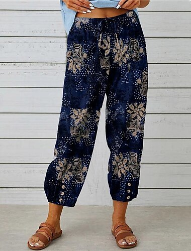  Damen Hose aus Baumwollleinen Hosen Hose Alltagstauglich Knöchellang Blumen Grafik Kordelzug Druck Atmungsaktivität Bequem Unelastisch Wochenende Schwarz Marineblau Blau Orange Frühling & Sommer