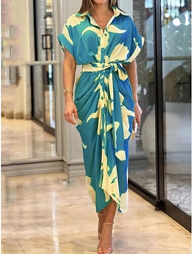  Per donna Abito a maglietta Abito estivo Abito stampato Floreale A foglia Increspato Pulsante Colletto Abito lungo Abito lungo Elegante Di tendenza Ufficio Giornaliero Manica corta Standard Giallo