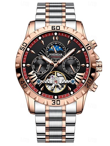  Poedagar – montre mécanique pour hommes, montre-bracelet décontractée, à remontage automatique, phase de lune, lumineuse, étanche, en acier