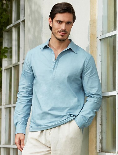  hombre camisa de lino 55% camisa de lino camisa de verano camisa de playa azul caqui manga larga monocolor solapa primavera verano casual ropa diaria ropa