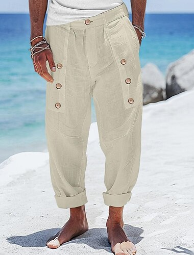  Herren Leinenhosen Hose Sommerhose Knöpfe Fronttasche Falten Einfach Komfort Atmungsaktiv Volle Länge Lässig Täglich Ferien Mode Basic Lässiger Schnitt Schwarz Weiß