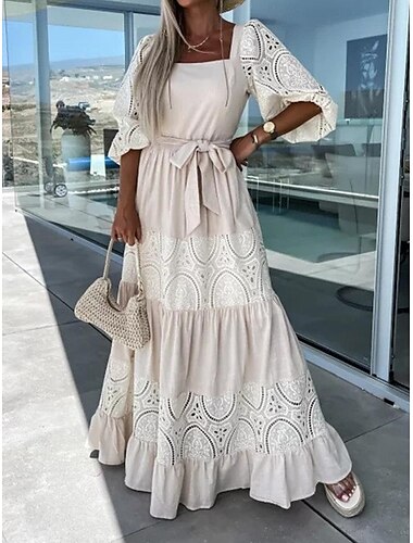  Damen Maxikleid Weißes Kleid Freizeitkleid Schwingkleid A Linie Kleid Streetwear Maxi Basic Urlaub Straße Ferien Normale Passform Dreiviertelarm Quadrathals Weiß Rosa Purpur Aprikose Sommer