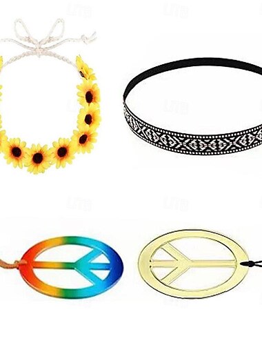  Hippie Scheibe Vintage 1960er 1970er Disko Cosplay Kostüm Halskette Stirnband Zubehörset Ohrringe Sonnenbrillen Damen Mädchen Kostüm Halskette Ohrringe Jahrgang Cosplay Party Abend Schlager Outfit