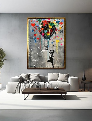  Banksy rouge ballon fille peinture à la main Banksy graffiti œuvre peinture à l'huile pop art décoration murale Banksy fille ballon coloré toile peinture pour chambre salon illustration
