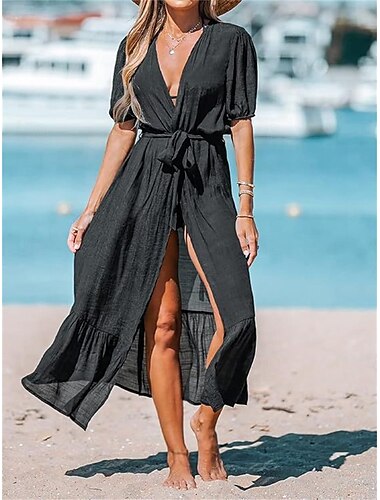  Damen Maxikleid Leinen-inspirierte Kleider Weißes Kleid Wickelkleid Sommerkleid Hawaiianisch Urlaub Date Normale Passform Halbarm V Ausschnitt Schwarz Weiß Blau Sommer