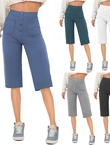  Dam Shorts caprishorts Streetwear Ledigt Knelängd Hög midja Slät Ficka Elastisk dragsko-design Högt snitt Mateial som andas Mjuk Microelastisk Semester Gata Dagliga kläder Vit Kungsblå Påfågel-blå Grå