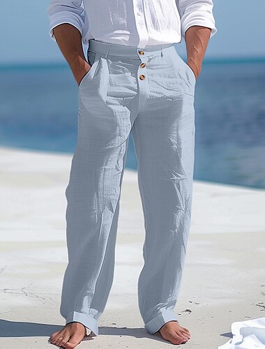  Herren Leinenhose Hose Hosen Sommerhosen Strandhose Vordertasche Gerade geschnitten Glatt Komfort Atmungsaktiv Geschäft Casual Täglich Modisch Basic Schwarz Weiß