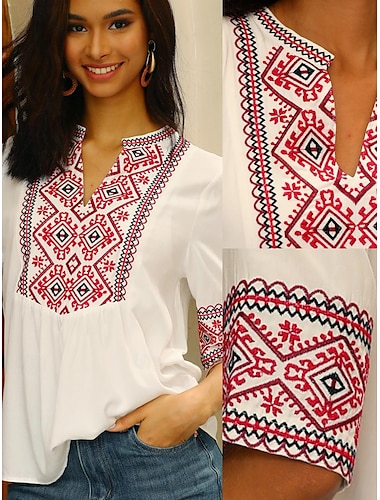  Pentru femei Bluză Floral Geometric Brodat Zilnic Boho Manșon Jumate Stil Nautic Alb Vară Primăvară