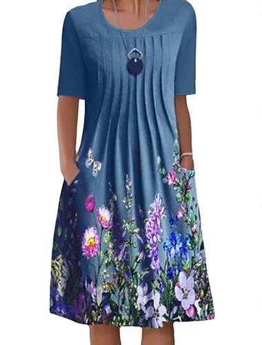  Damen Midi Kleid Lässiges Kleid Floral Rüsch Tasche Rundhals Basis Klassisch Täglich Kurzarm Sommer Frühling