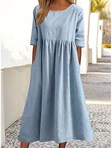  Mujer Vestido informal Vestido de lino de algodón Vestido Midi Bolsillo Básico Diario Cuello Camisero Media Manga Verano Primavera Blanco Azul Real Plano