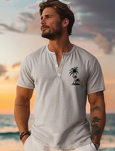  Herren Kokospalme T Shirt Henley Hemd 100% Baumwolle Kurzarm Grafik Hemd Weiß Blau Grau Bequemes T-Shirt Urlaub Straße Modedesigner-Kleidung