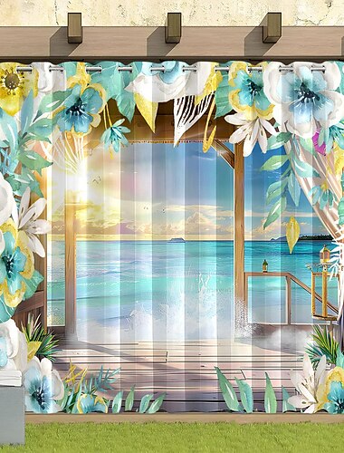  Wasserdichter Outdoor Vorhang Sichtschutzvorhang für den Außenbereich, Schiebevorhänge für die Terrasse, Pergola-Vorhänge mit Ösen, 3D-Strandlandschaft für Pavillon, Balkon, Veranda, Party, 1 Panel