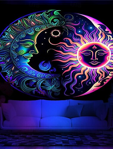  Schwarzlicht Wandteppich UV reaktiv im Dunkeln leuchtend Party Neon Sonne Mond Mandala Psychedelisch Trippy Nebelig Hängender Wandteppich Wandbild für Wohnzimmer Schlafzimmer