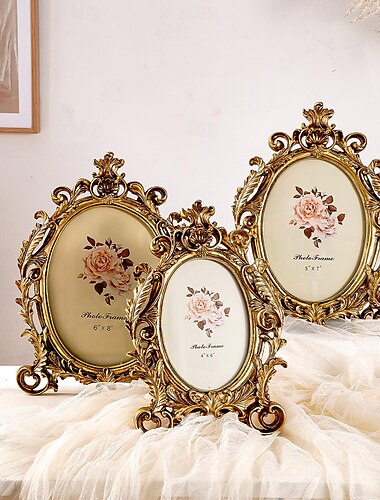  Cadre photo décoratif en dentelle ovale doré rétro, matériau en résine, cadre décoratif de bureau antique et élégant