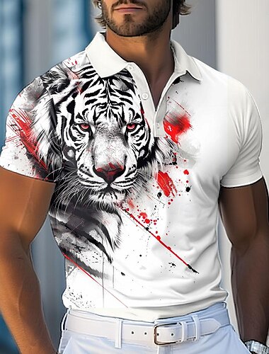  Ανδρικά Τίγρη Μπλουζάκια πόλο Πουκάμισο γκολφ Κοντομάνικο Μπλουζάκια πόλο Πουκάμισα με γιακά Αστείος Streetwear Ρούχα διακοπών Ρούχα για πάρτι Κουμπιά 3D εκτύπωση Ανοιξη καλοκαίρι Λευκό