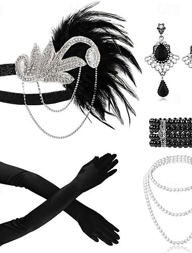  1920er Der große Gatsby Outfits Flapper-Stirnband Hochzeitsgast Kragenlos Damen Karneval Party Hochzeitsempfang Erwachsene 1 Armband Handschuhe Halskette Ganzjahres