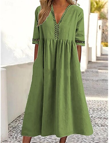  Damen Weiß Rosa Blau Sommer Frühling Midikleid Baumwoll-Leinen-Kleider Freizeitkleid Basic Modern Täglich Wochenende Lässiger Schnitt Einfach V Ausschnitt