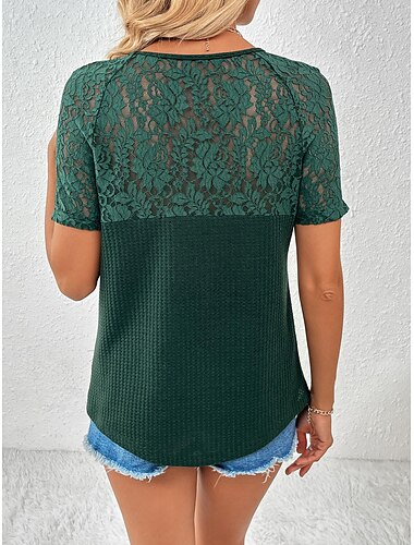  Damen Weiße Elegante Spitzenoberteile Eyelet Bluse Mode Einfache Reguläre Oberteile Kurzarm V-Ausschnitt Spitzen Reguläre Passform Urlaub Täglich Romantische Petite Oberteile Sommer Urlaub Kleidung