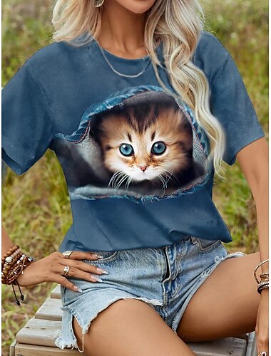 Damen T-Shirt Süßes Kätzchen Peekaboo Grafik Rundhals Kurzarm Lässig Alltag Wear Weich Bequem Einzigartiger Druck Oberteil Blau Regulär und Plus Größe