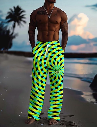  Herre Grafisk Uformelle bukser Medium Midje Hawaiisk Ferie Rett ben Sommer Vår 3D-utskrift Gul Rød Grønn