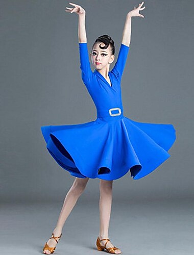 Latein-Tanz Tanzkleidung für Kinder Kleid Pure Farbe Farbaufsatz Mädchen Leistung Ausbildung Halbe Ärmel Hoch Polyester