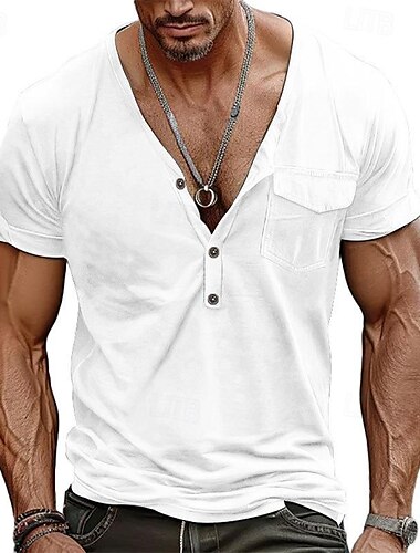  Voor heren T-shirt T-shirts Shirt met korte mouwen Korte mouw V-hals Lente zomer Effen Modieus Ontwerper Basic Zak Vakantie Straat Uitgaan Zwart Wit blauw Top T-shirt voor mannen