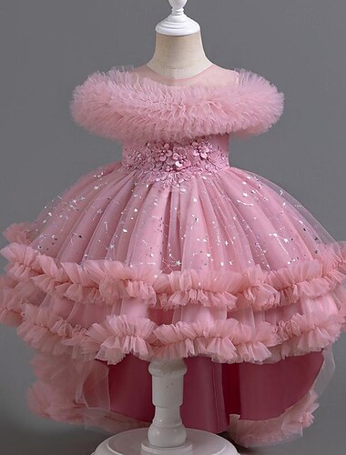  kinderkleidung Mädchen Blumenmädchen Kleid Party Kleid Feste Farbe Blumen Stern Ärmellos Hochzeit Party Besondere Anlässe Pailletten Rüschen Gitter bezaubernd Süß Baumwolle Polyester Asymmetrisch