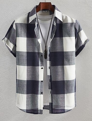  Herre Skjorte Sommerskjorte Uformell skjorte Strandskjorte Skjorte med knapper Rutete skjorter Navyblå Kortermet Ruter Aftæpning Feriereise Hawaiisk Klær Polyester Mote Fritid Bekvem