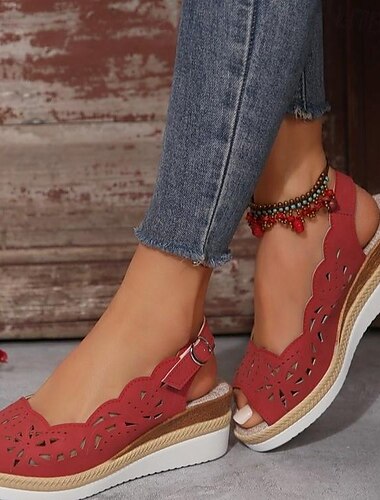  Damen-Keilsandalen mit Cut-outs – bequeme Slingback-Sommerschuhe mit Peep-Toe und gewellten Kanten für die Freizeit, Strandtage und Reisen