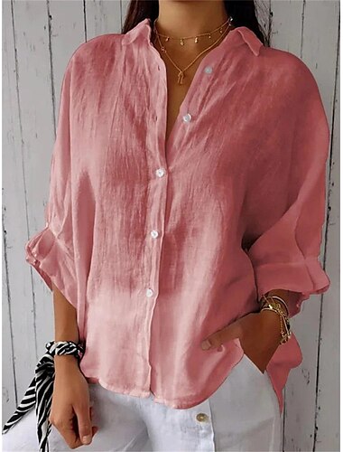  Damen Hemd Baumwoll-Leinen-Hemden Knopfleiste Bluse Einfach Basic Modern Hemdkragen Straße Täglich Knöpfe Schwarz Weiß Rosa Armeegrün Sommer