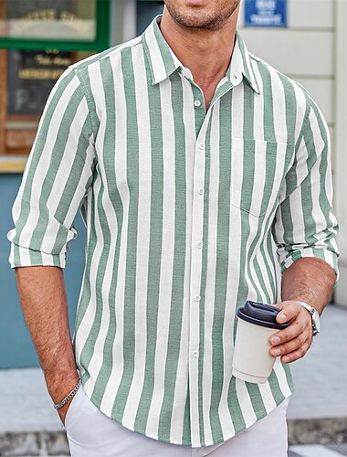  Herr Skjorta Knapp upp skjorta Casual skjorta Blå Grön Grå Långärmad Rand Krage Dagligen Semester Kläder Mode Ledigt