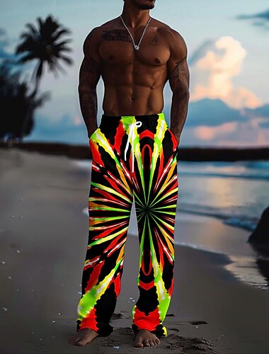  Herren Grafik Freizeithose Mittlere Taille Hawaiianisch Urlaub Gerader Schnitt Sommer Frühling 3D-Druck Gelb Rote Grün