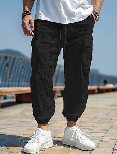  Herren Leinenhose Cargo-Jogger Hose Hosen Sommerhosen Strandhose Kordelzug Elastische Taille Multi Pocket Glatt Komfort Atmungsaktiv Casual Täglich Festtage Modisch Klassicher Stil Schwarz Weiß